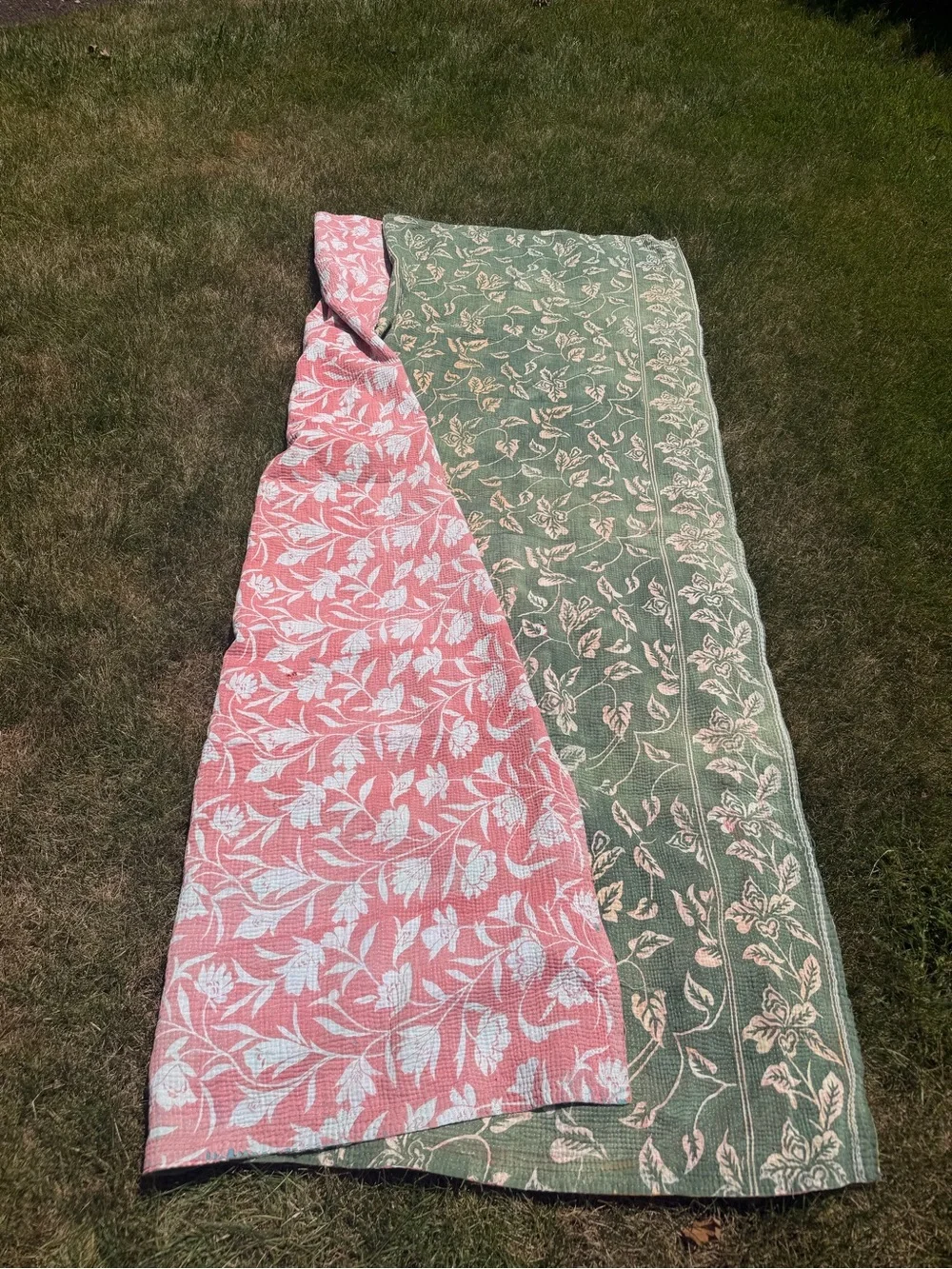 Green Floral Kantha Throw with Pink & Cream Accents